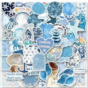 Blue Coastal Beach Cowgirl 60 Stickers Shells Starfish Anchor Sand Dollar Turtle